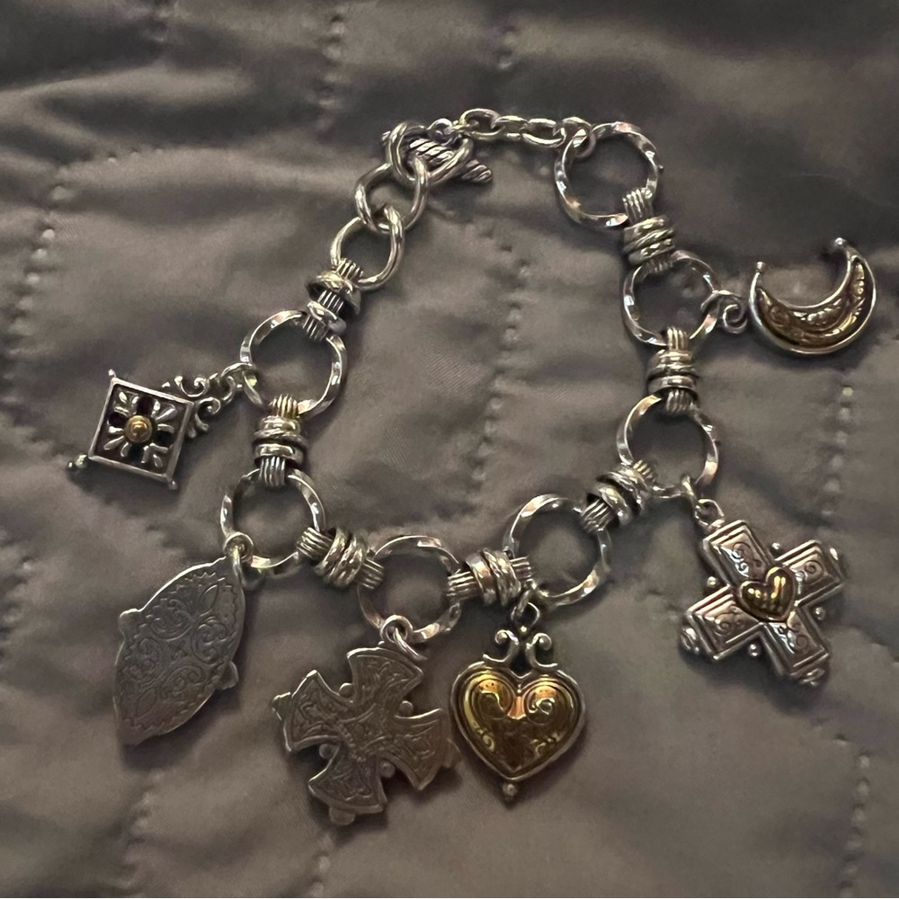 Brighton "CHERISH" Multiple Two-Tone Cross, Moon, & Heart Charm Bracelet RARE!!